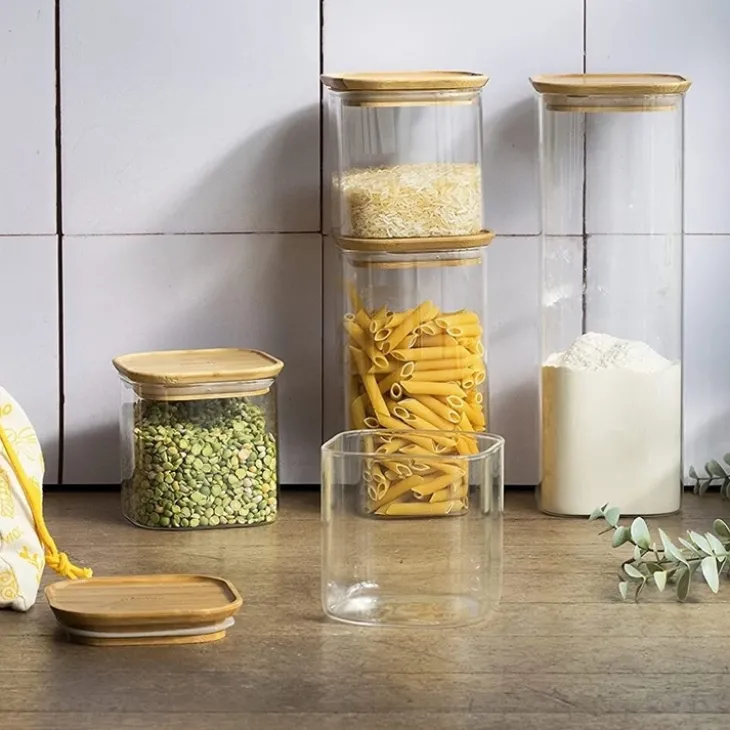 Glasburk med bambulock 0,8L 3-pack, Pebbly
