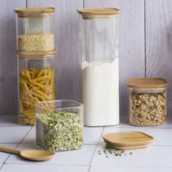 Glasburk med bambulock 0,8L 3-pack, Pebbly